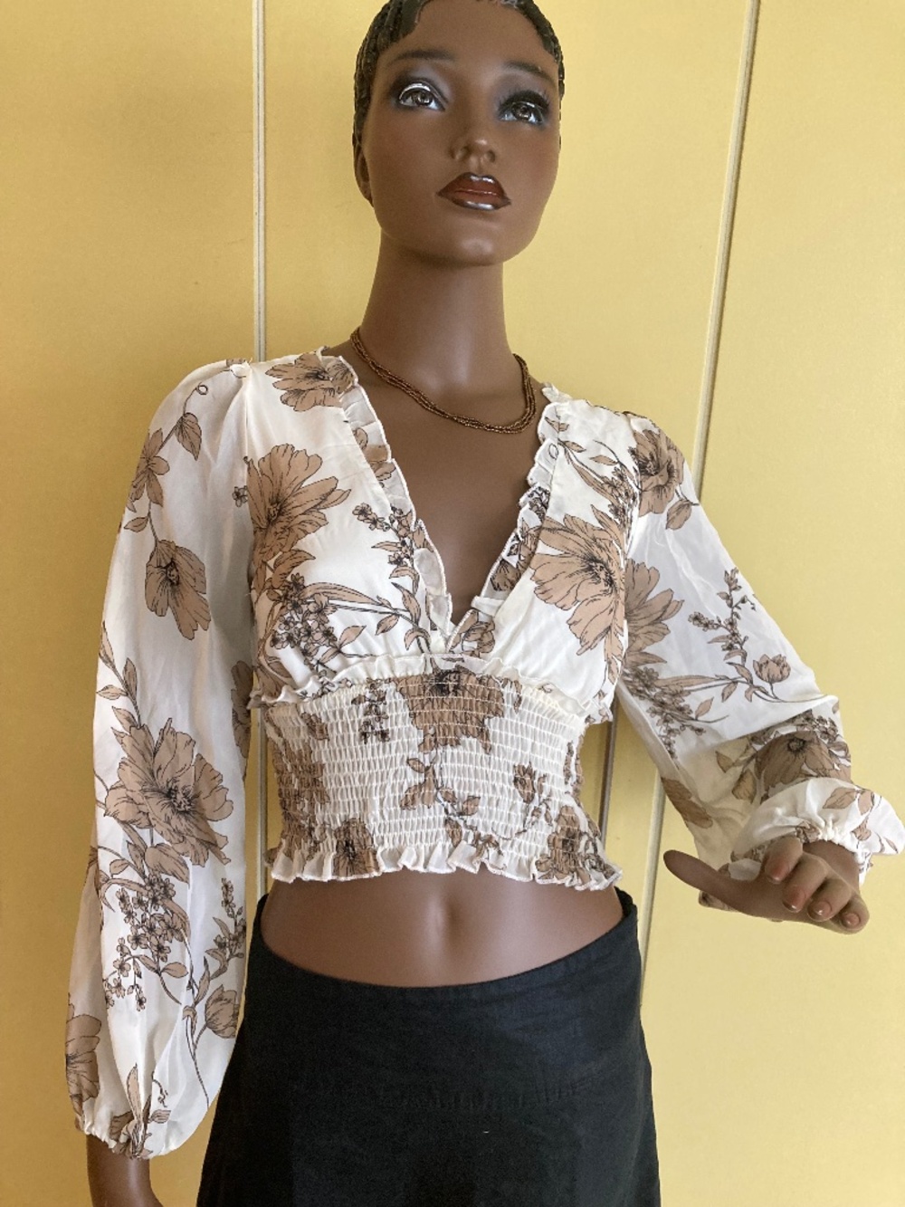 Sheer Floral Beige/Brown Blousy Top, Size S